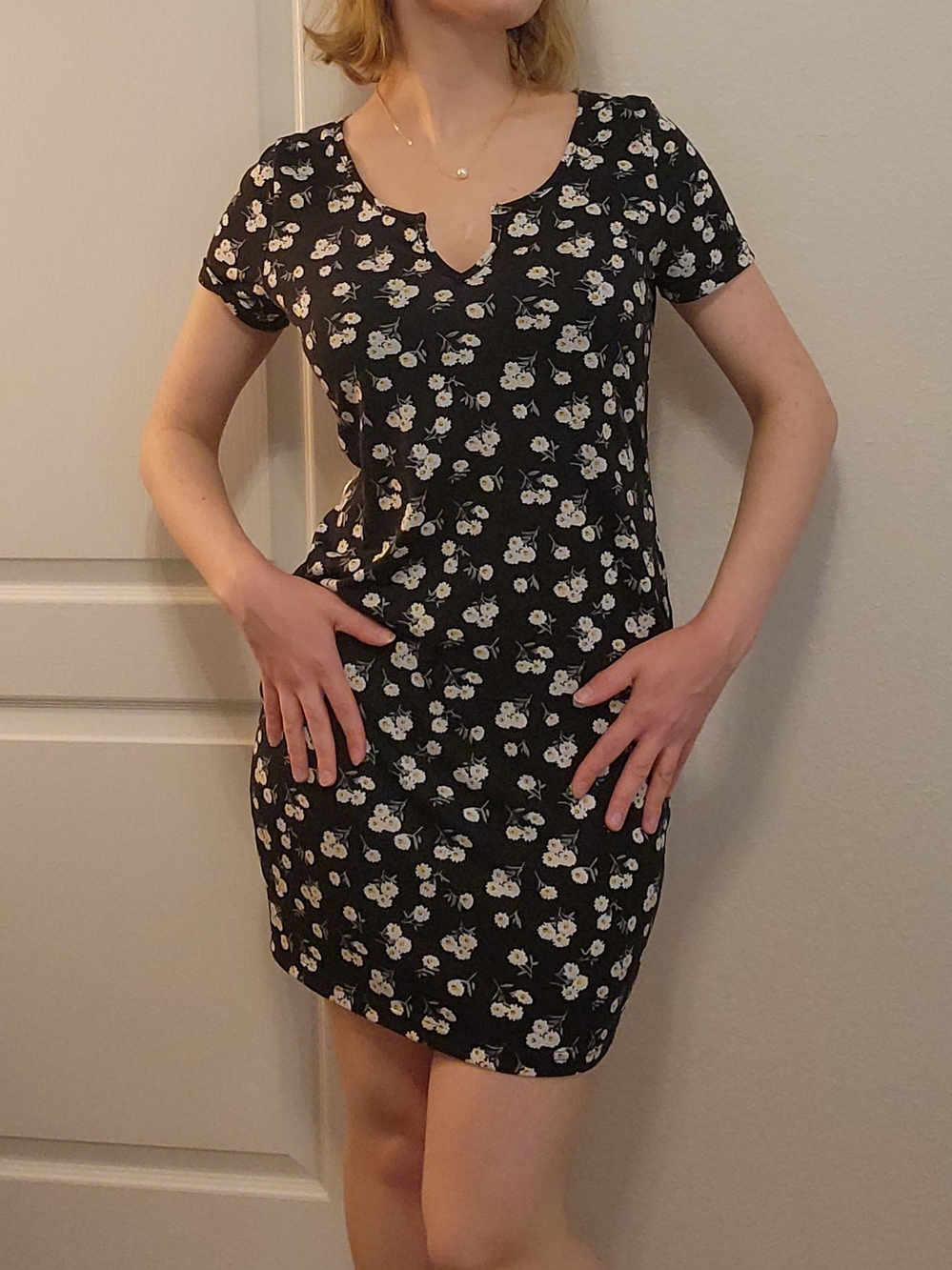 SHEIN Black Floral Split Notch Neck T-Shirt Mini Dress Nighty L